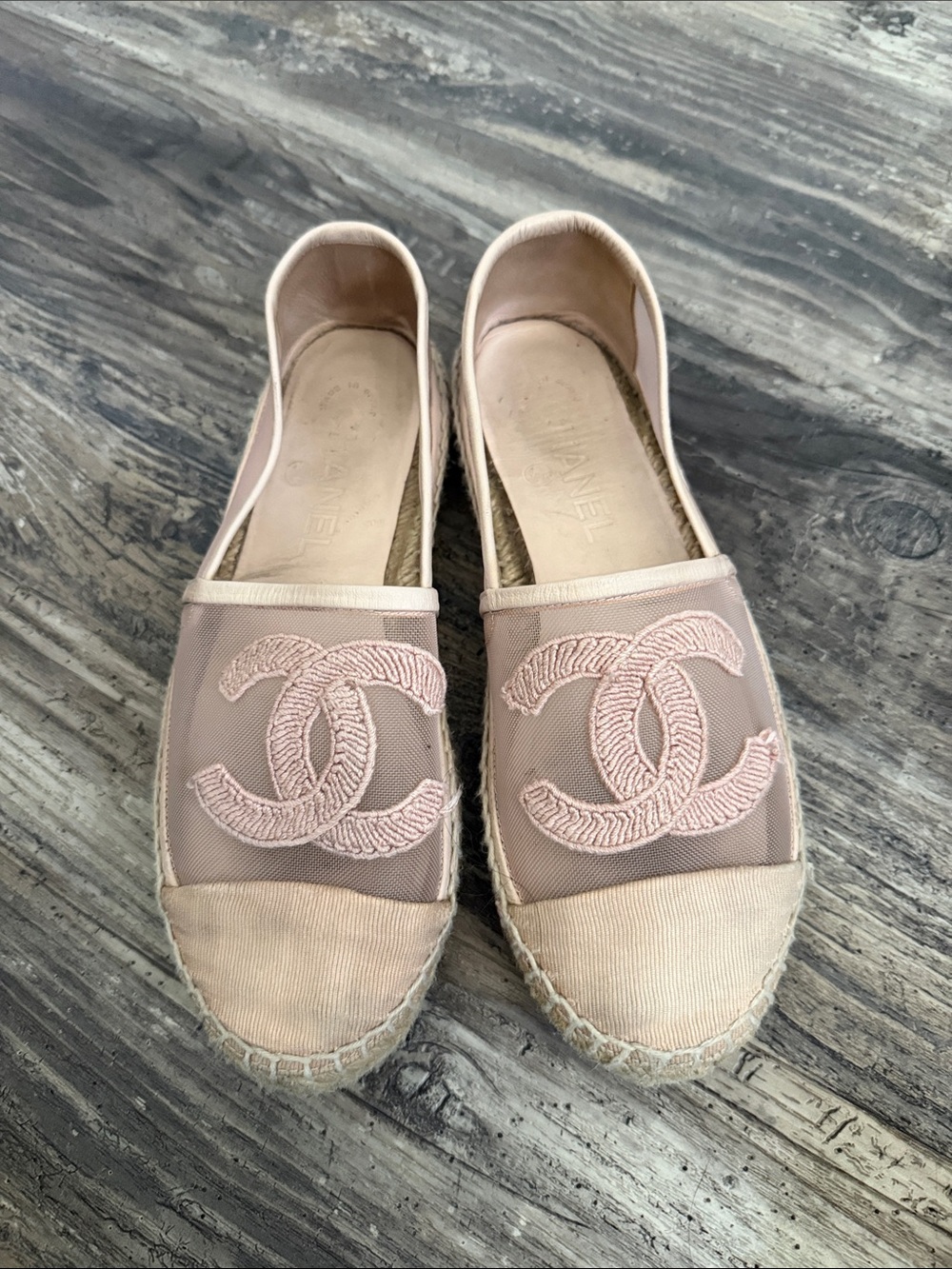 CHANEL Blush Pink Espadrille Flats with CC Logo